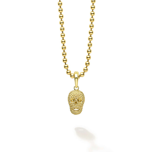 Nuvorra Anthem 18K Gold Skull Amulet Necklace featuring a sculpted gold skull pendant on an adjustable chain